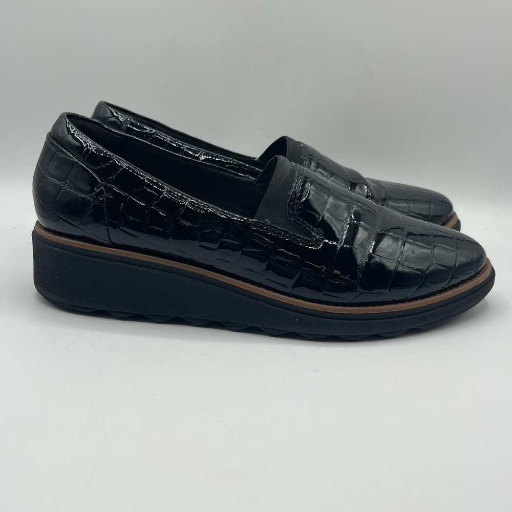 Clarks Black Croc Embossed Patent Wedge Loafers Slip On Shoes NOTE